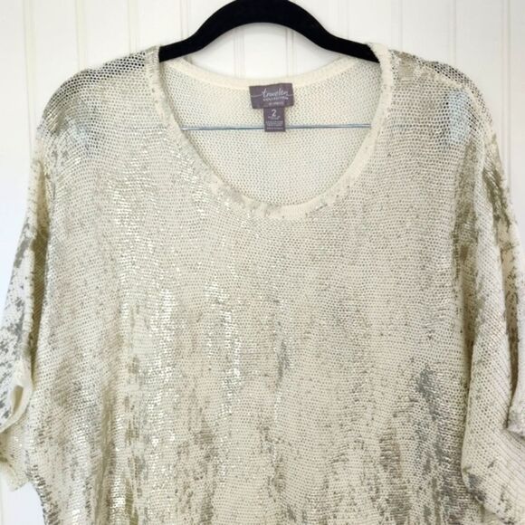 CHICO'S Travelers Collection Cream Metallic Cotton/Linen Blend Open Knit Top 2/L - Picture 2 of 5
